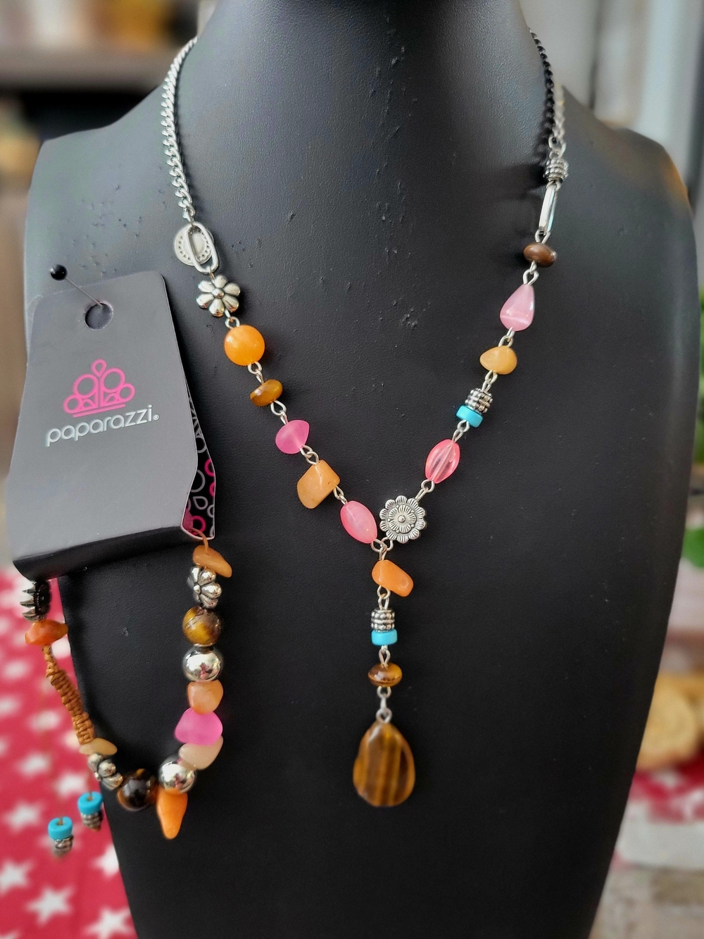 Paparazzi Pink, Orange & Brown Beaded Dangle Necklace With Bracelet